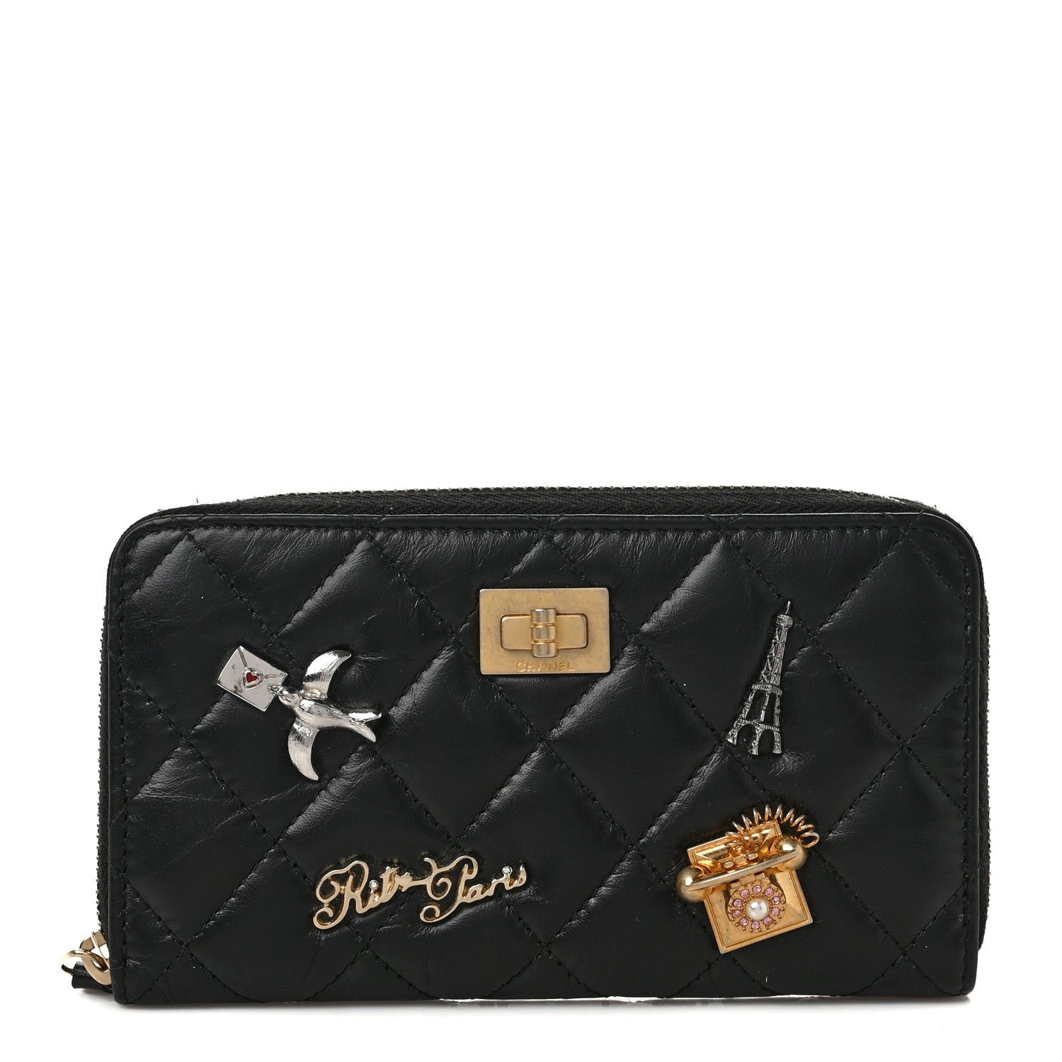 Chanel Aged Calfskin Quilted Small Lucky Charms 2.55 Reissue Zip Around Wallet Black