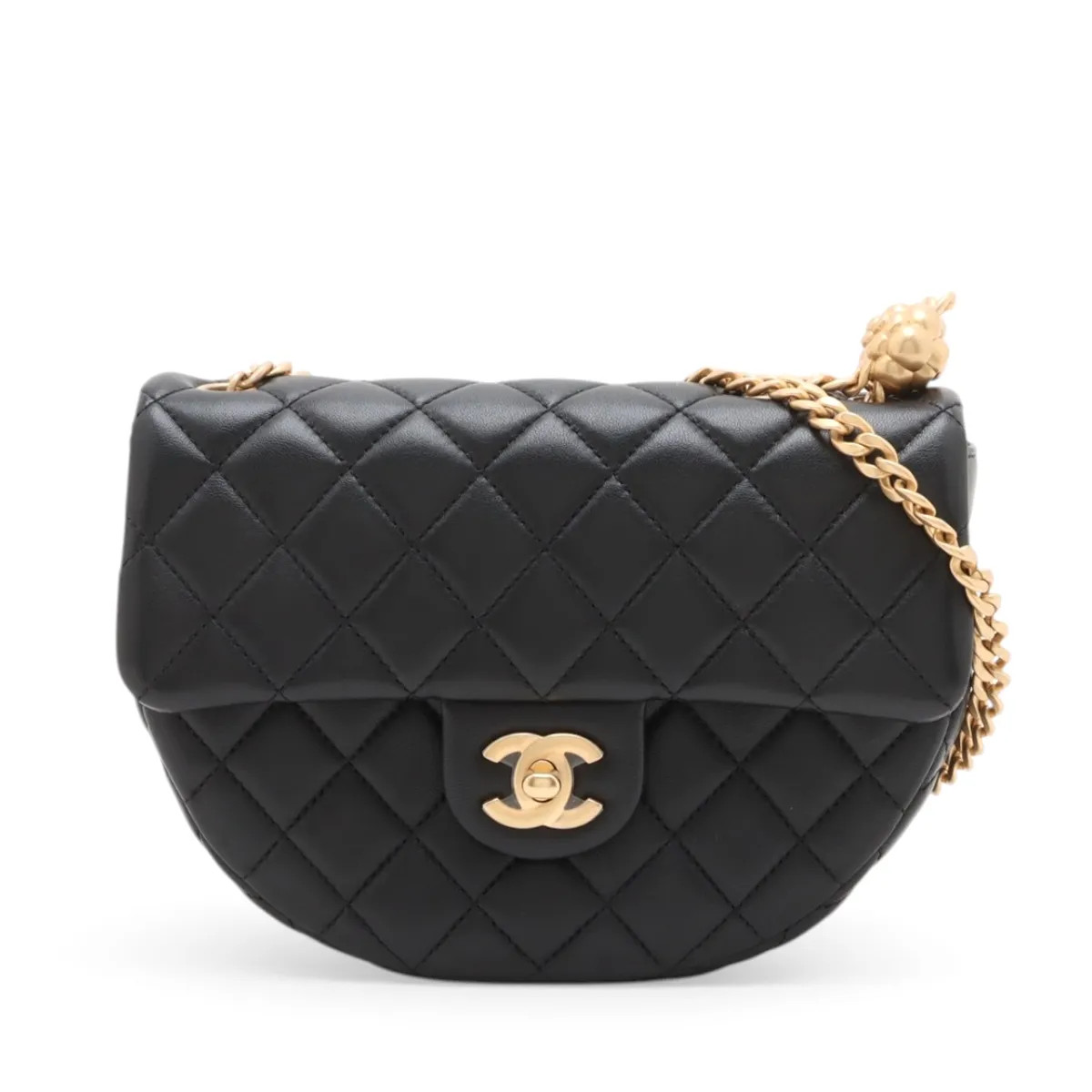 Chanel Matelasse Lambskin Chain Shoulder Bag Half Moon Camelia Black Gold Metal