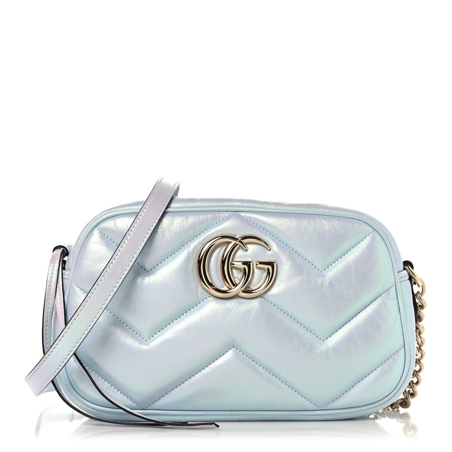 Gucci Iridescent Nappa Chevron Matelasse Small GG Marmont Chain Shoulder Bag Iridescent Snow Light Blue