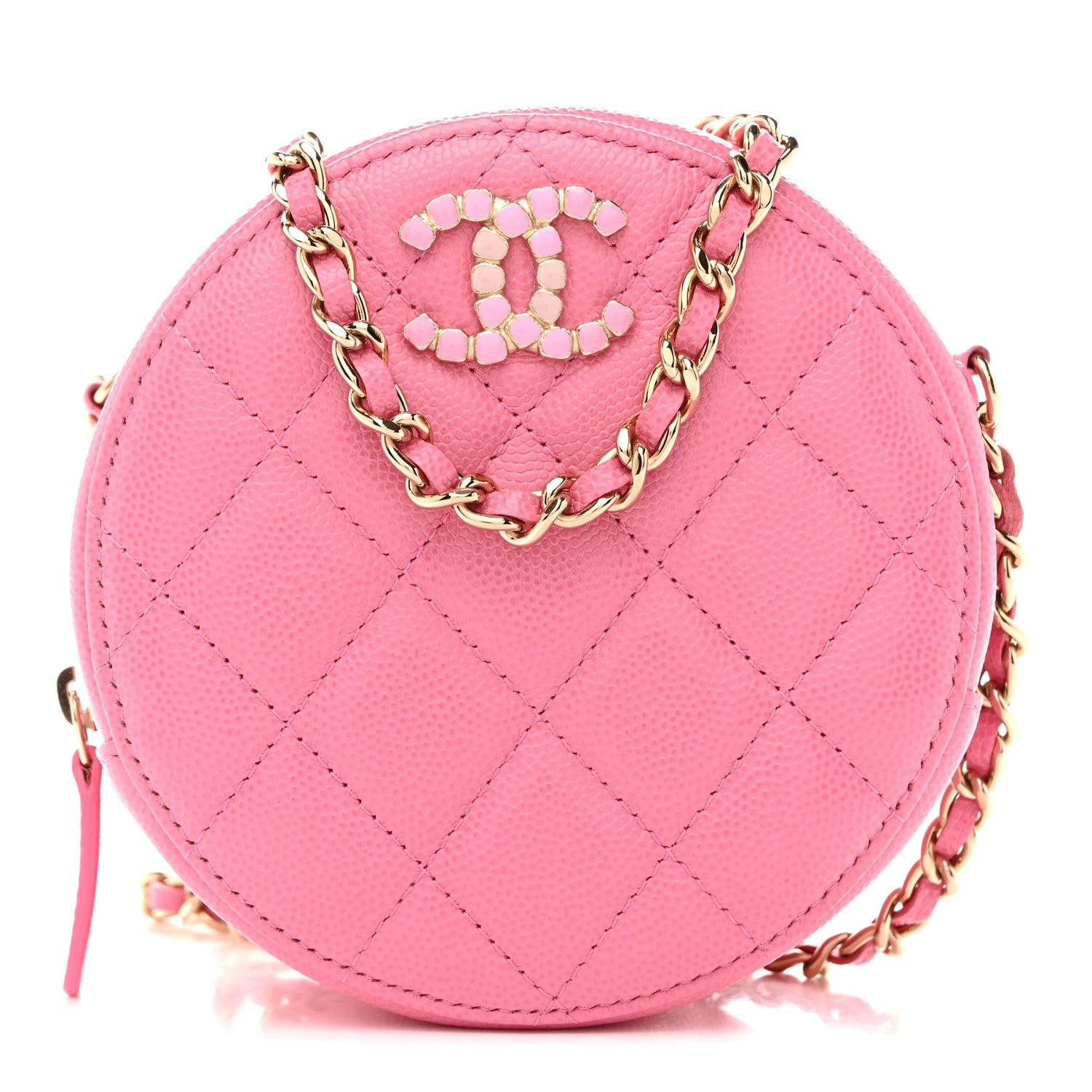 Chanel Caviar Quilted Gripoix CC Round Clutch With Chain Pink