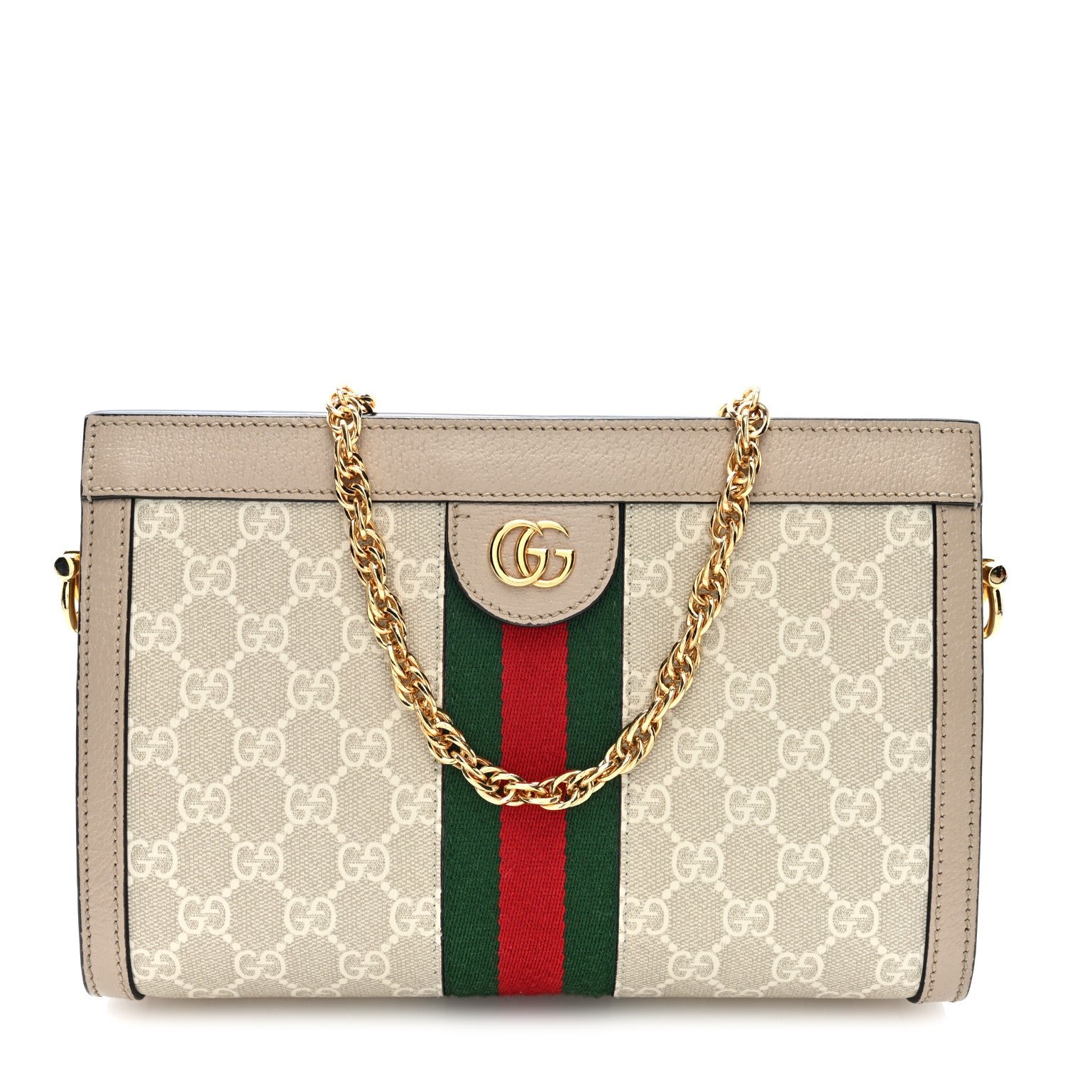 Gucci GG Supreme Monogram Textured Dollar Calfskin Web Small Ophidia Chain Shoulder Bag Beige Mystic White Oatmeal