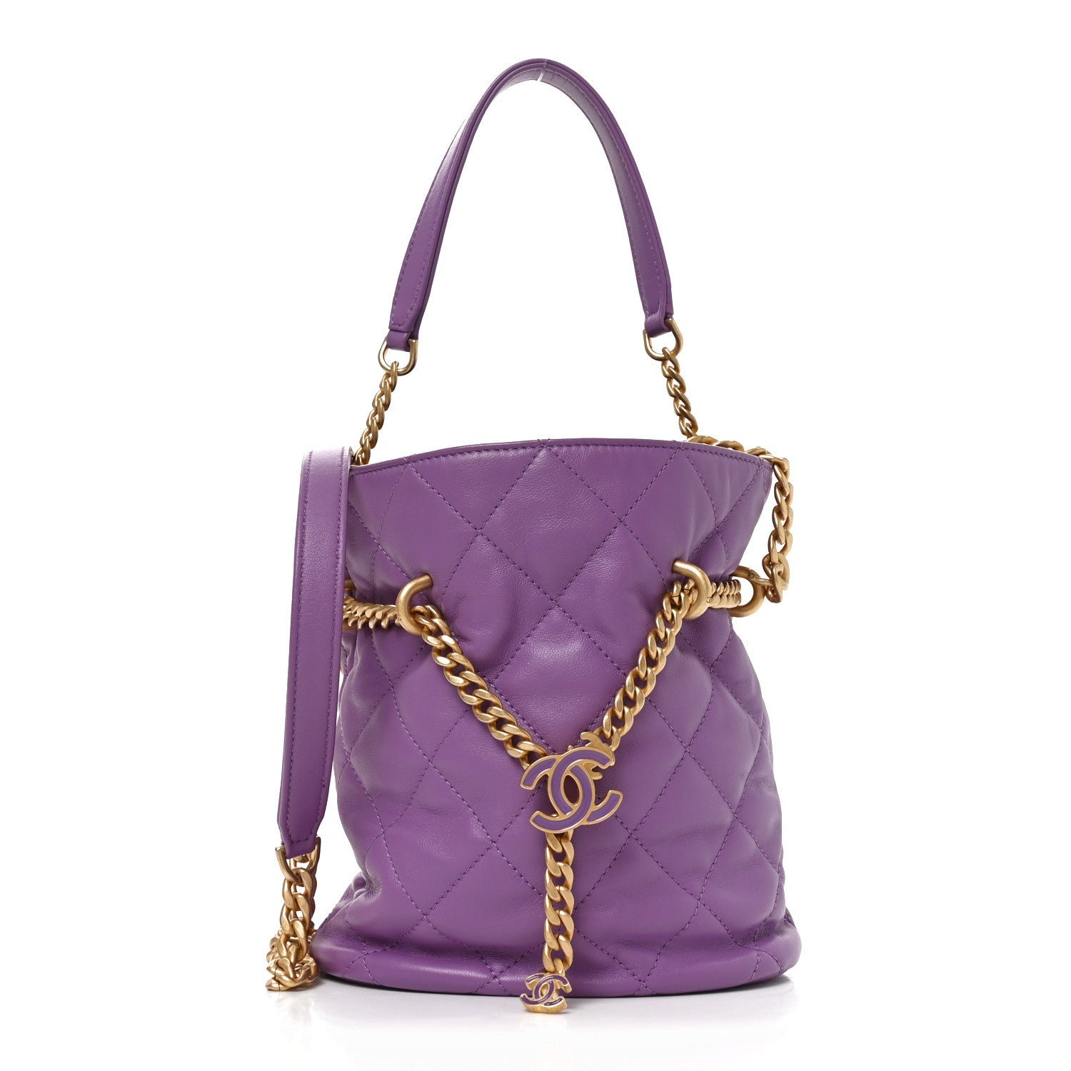 Chanel Lambskin Enamel Quilted Pending CC Bucket Drawstring Bag Purple