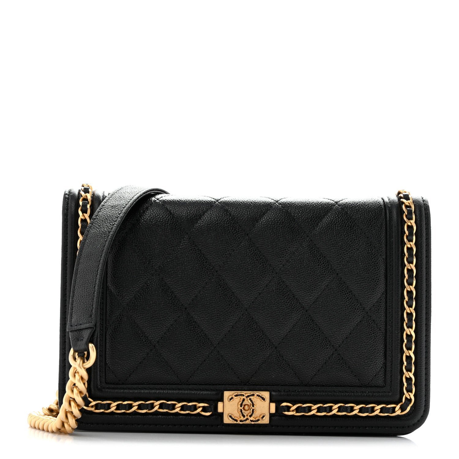Chanel Caviar Quilted Chain Around Boy Wallet On Chain WOC Black