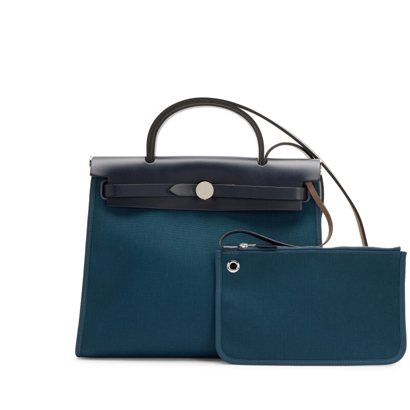 Hermes Bleu Ocean Toile Bleu Indigo Vache Hunter Herbag Zip 31 PM Palladium Hardware, 2019