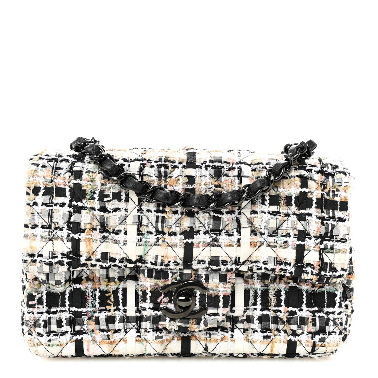 Chanel Tweed Quilted Mini Rectangular Flap White Black Multicolor