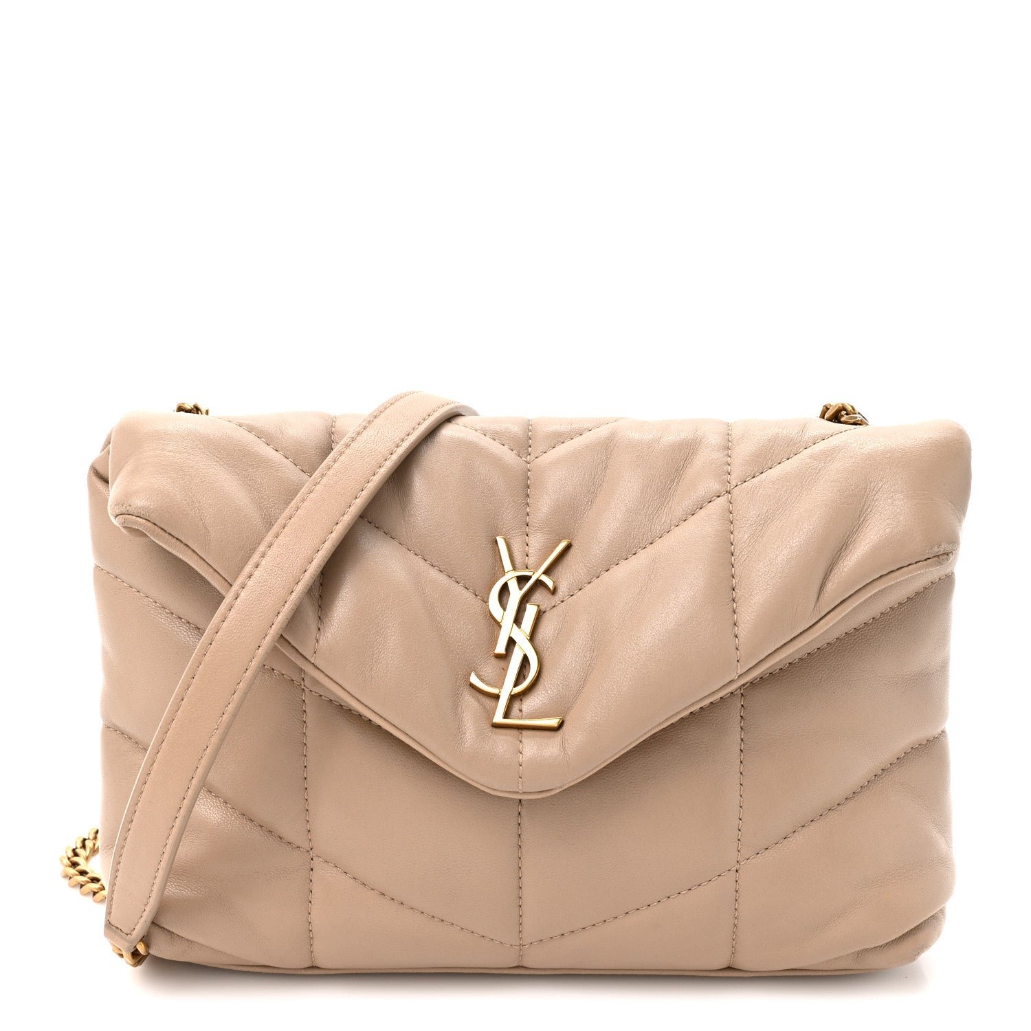 Saint Laurent Lambskin Quilted Toy Loulou Puffer Monogram Chain Satchel Nude Powder