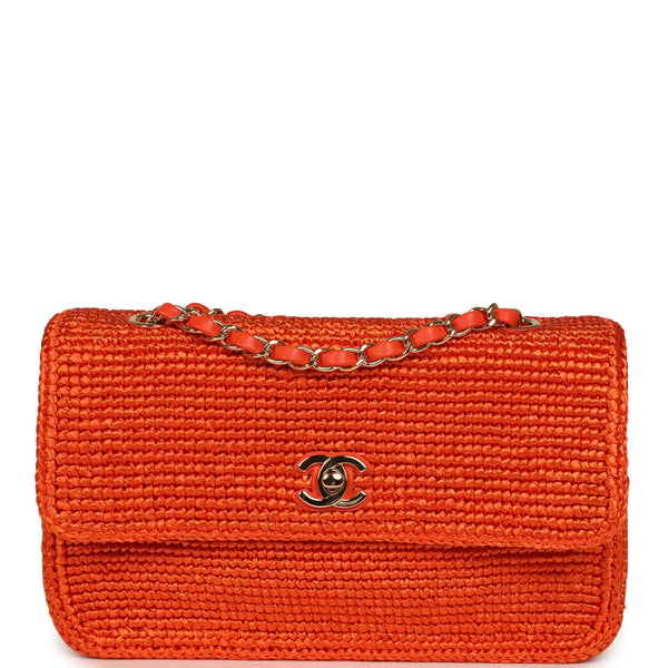 Chanel Small Coco Beach Flap Bag Orange Braided Raffia Gold Hardware