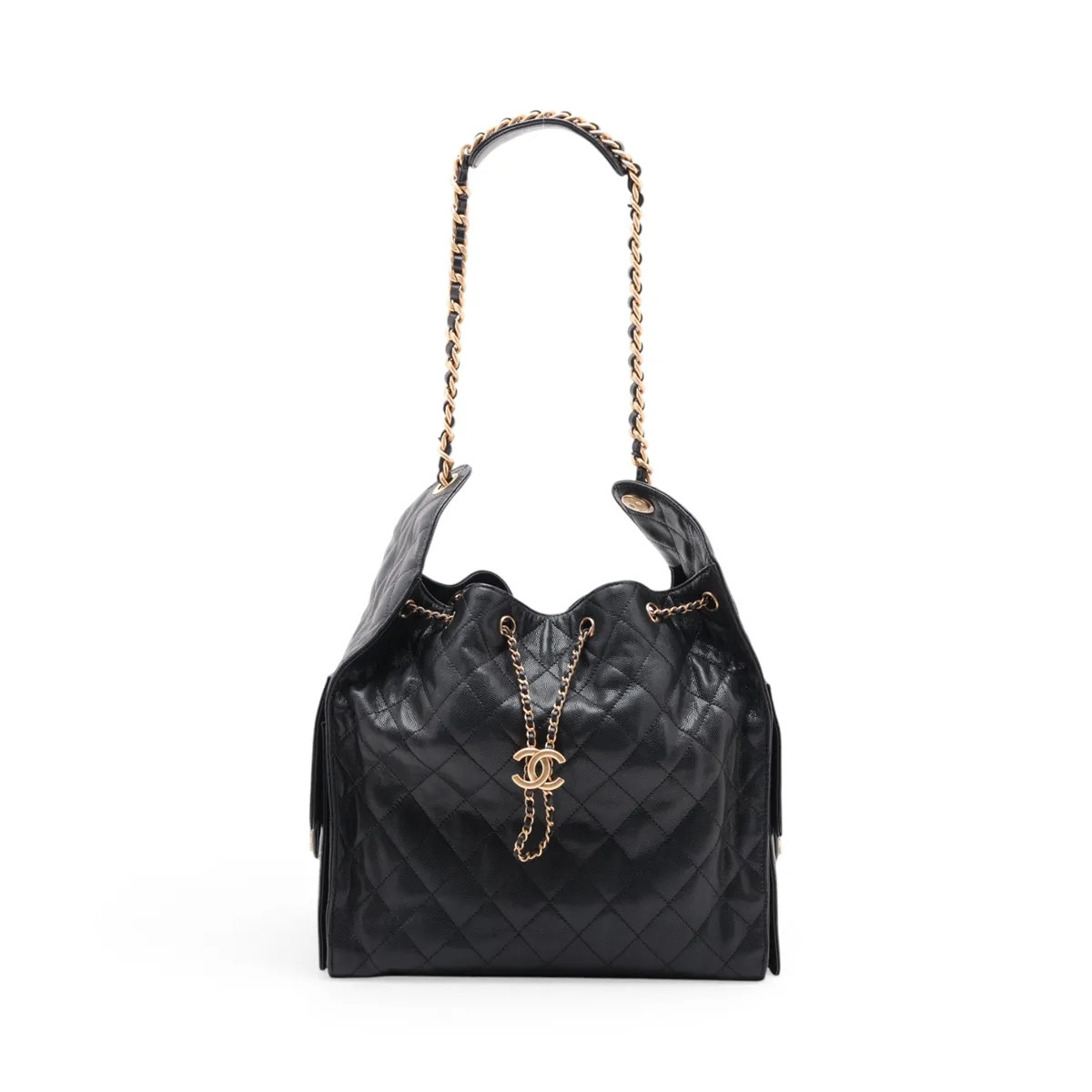 Chanel Chanel 25 Medium Caviar Skin Chain Shoulder Bag Black Gold Metal Fittings