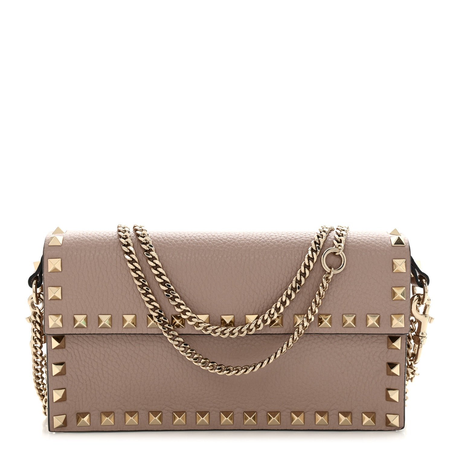 Valentino Garavani Pebbled Calfskin Rockstud Flap Wallet On Chain Poudre