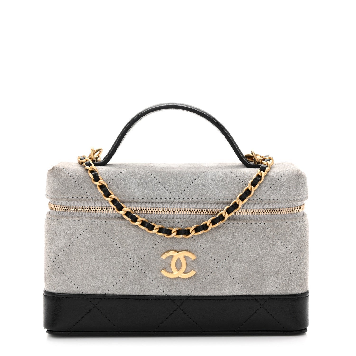 Chanel Suede Calfskin Shiny Lambskin Quilted Top Handle Slim Vanity Case With Chain Grey Black Grey Black