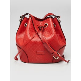 Gucci Red Diamante Textured Leather Studded Bucket Bag