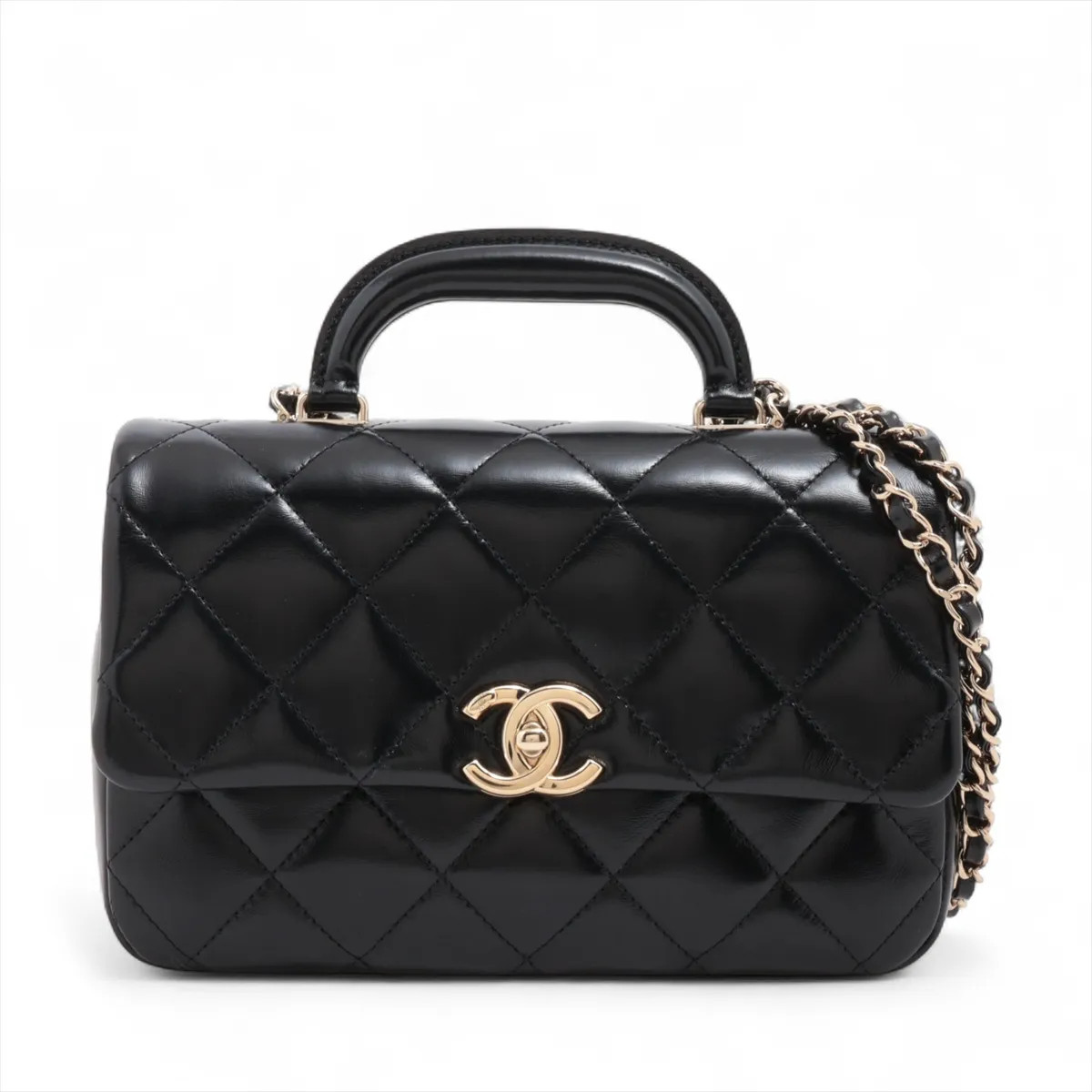 Chanel Matelasse Lambskin 2 Way Handbag Black Gold Metal Fittings random plate A
