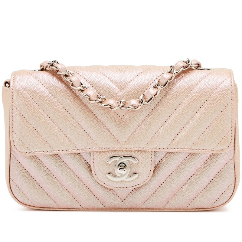 Iridescent Rose Gold Chevron Quilted Caviar Mini Flap Bag Silver Hardware, 2017
