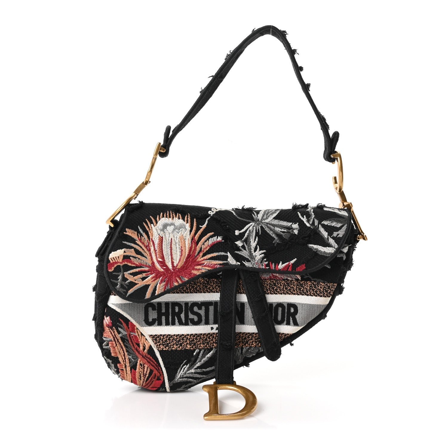 Christian Dior Canvas Embroidered Camouflage Flowers Saddle Bag Black Multicolor