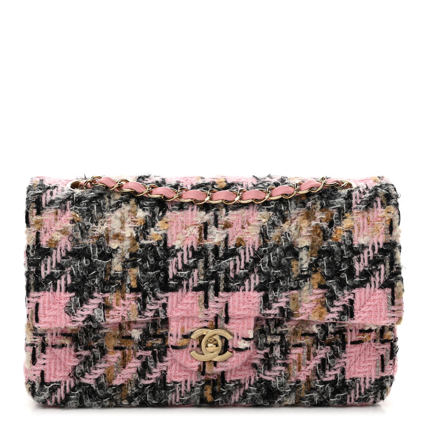 Chanel Tweed Houndstooth Quilted Medium Flap Pink Black Beige Ecru