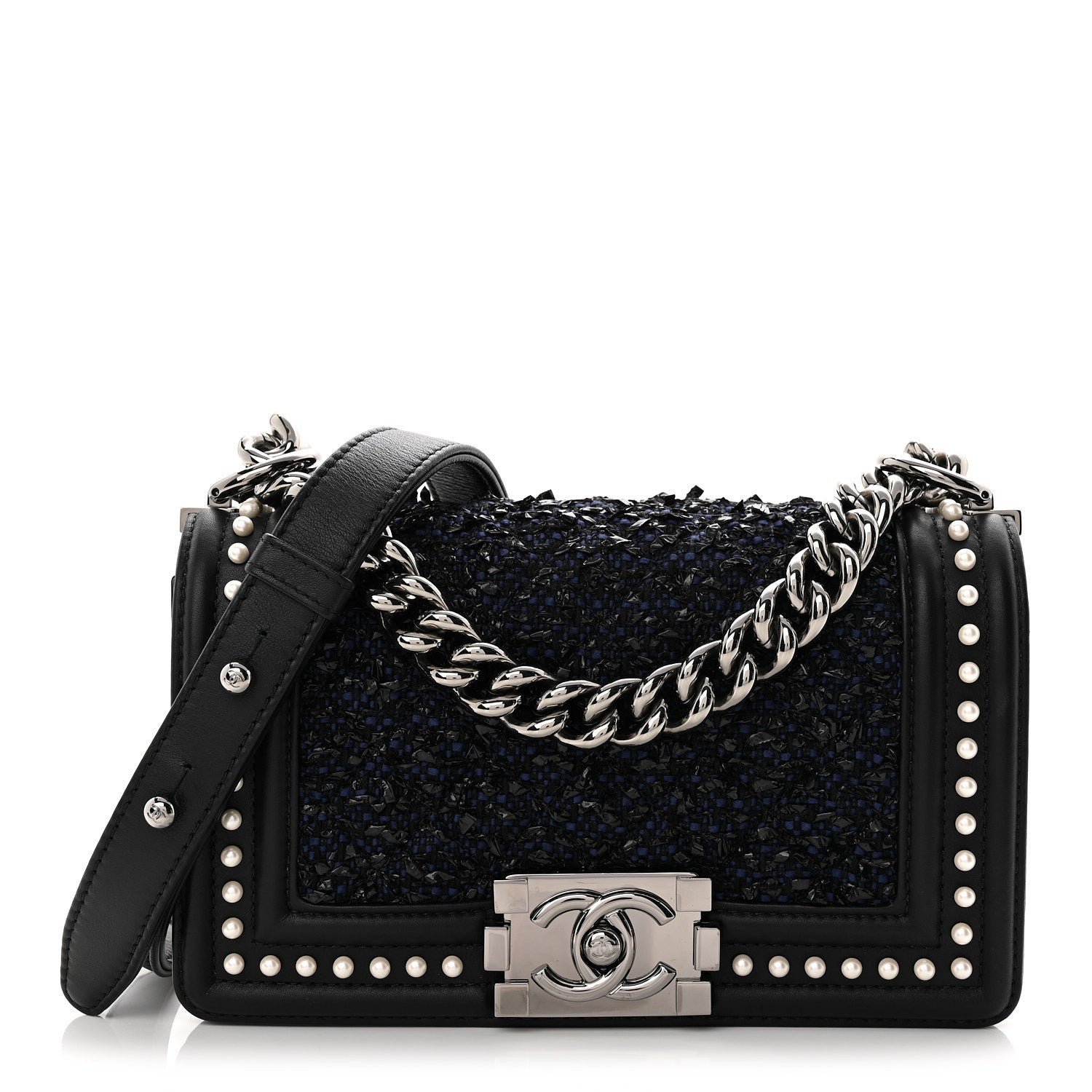 Chanel Calfskin Pearl Tweed Small Boy Flap Black