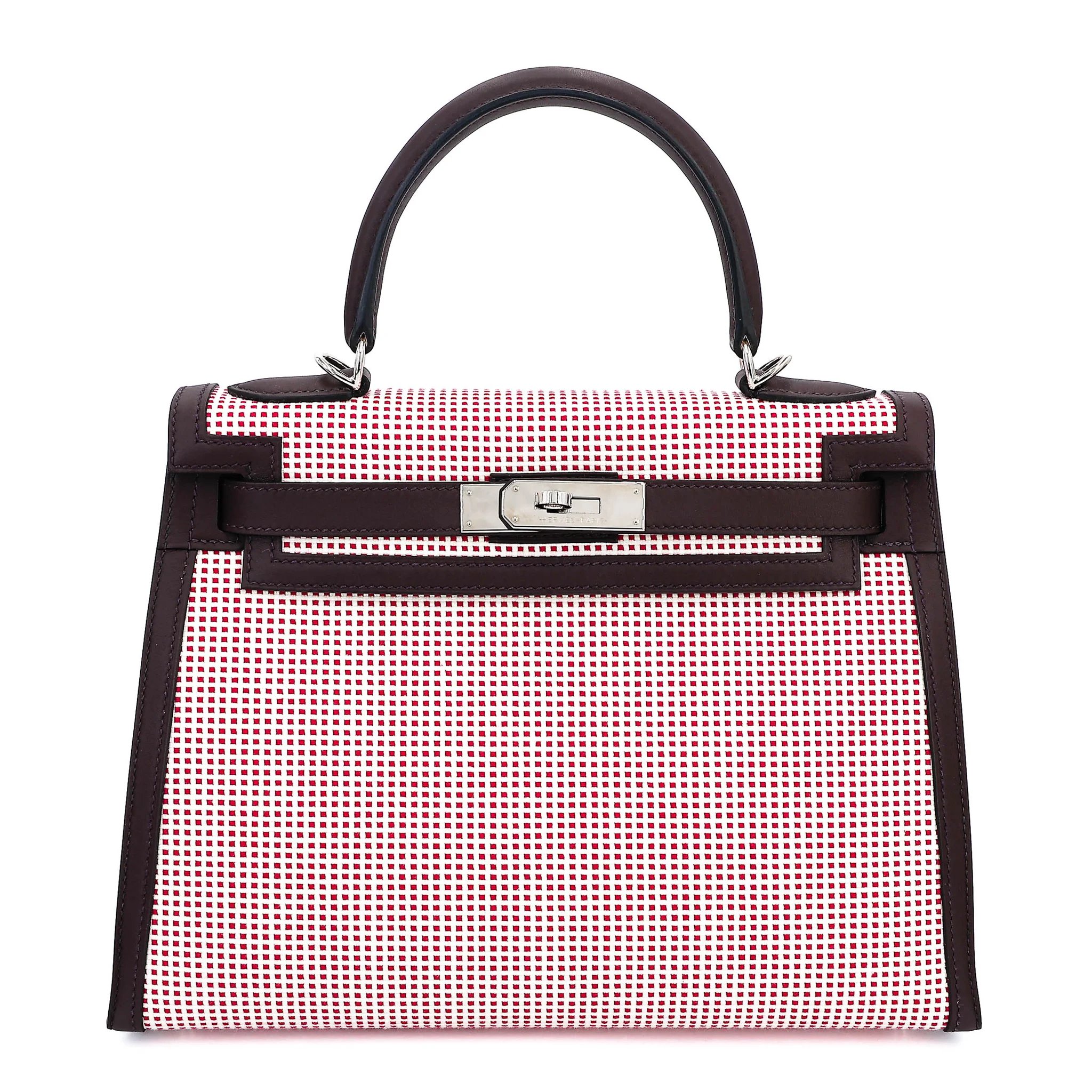 Excellent ( Rank SA ) HERMÈS Limited Edition Kelly 28 Sellier Rouge Sellier (0G) Toile Quadrille canvas Swift Palladium hardware U (2022)