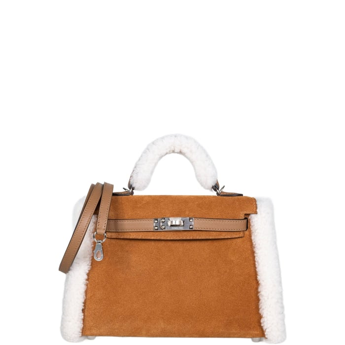 Hermes Hermès Teddy Mini Kelly 20 Chamois Grizzly, Alezan Swift and Ecru Mouton Shearling Palladium