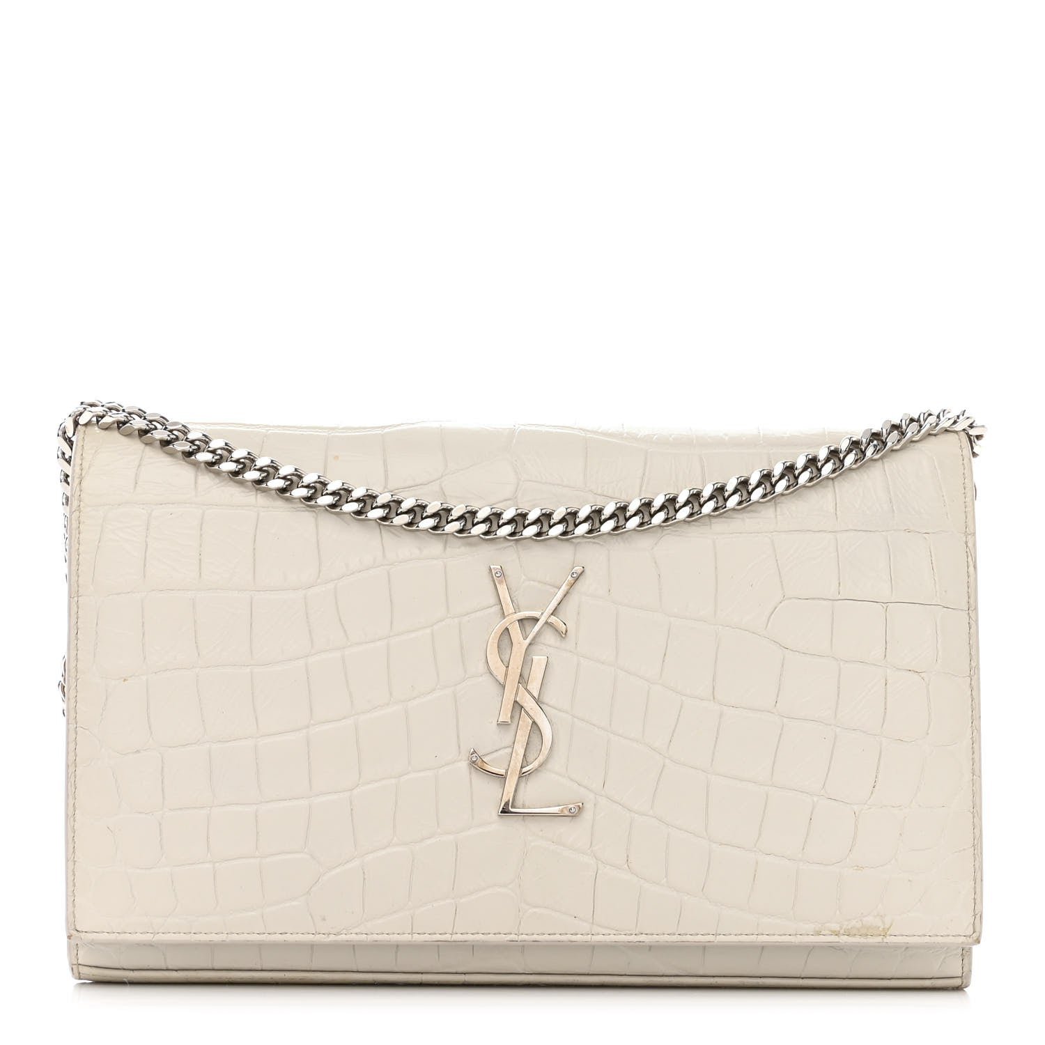 Saint Laurent Calfskin Crocodile Embossed Monogram Chain Wallet Blanc Vintage