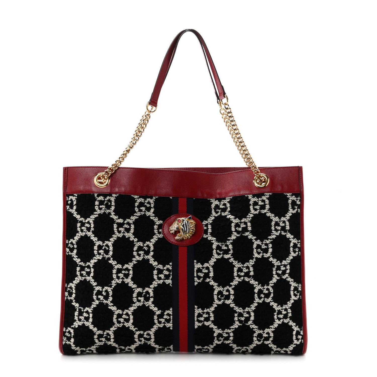 Gucci Tweed GG Monogram Large Rajah Chain Tote Romantic Cherry Black White