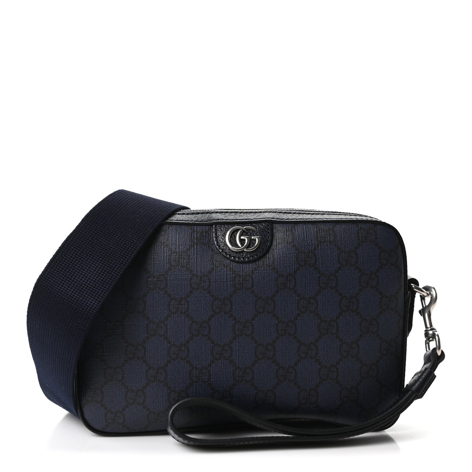 Gucci GG Supreme Monogram Textured Dollar Calfskin Web Ophidia Wristlet Shoulder Bag Black Blue