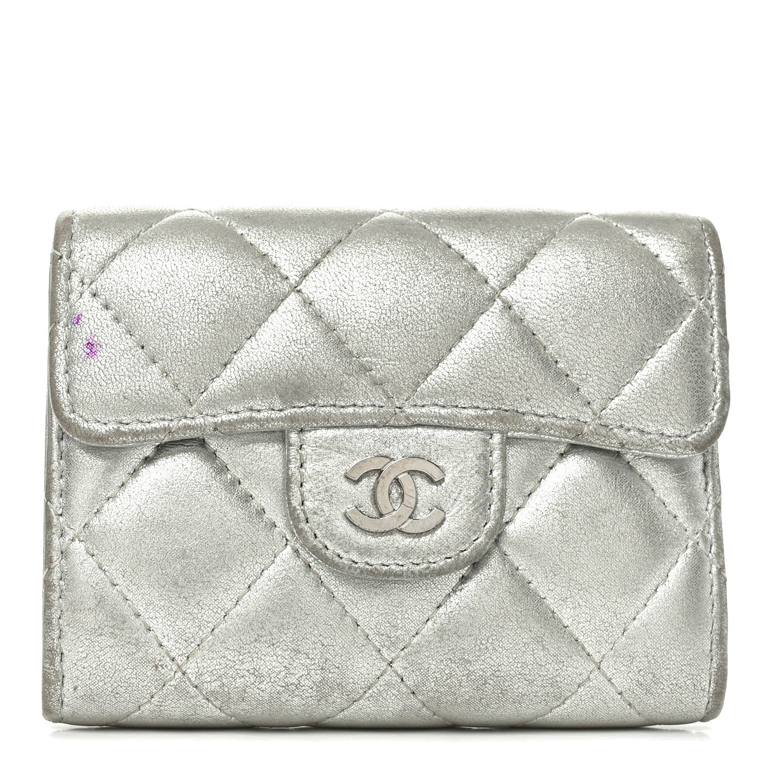Chanel Metallic Lambskin Quilted Flap Card Holder Wallet Silver