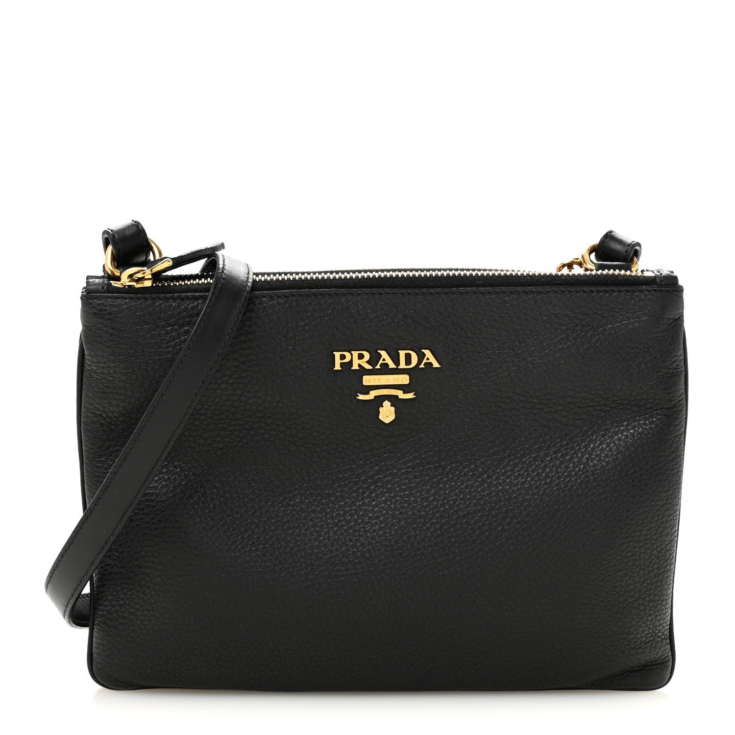 Prada Vitello Daino Double Zip Crossbody Bag Black