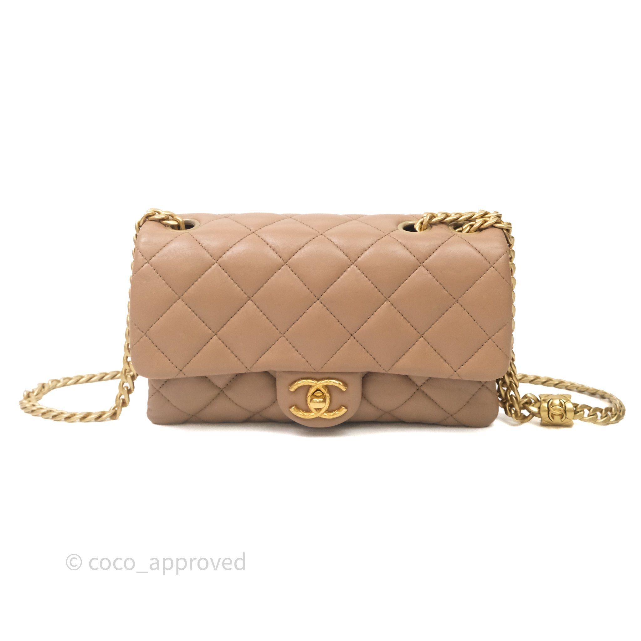 Chanel All Slide Adjustable Chain Flap Bag Beige Lambskin Aged Gold Hardware