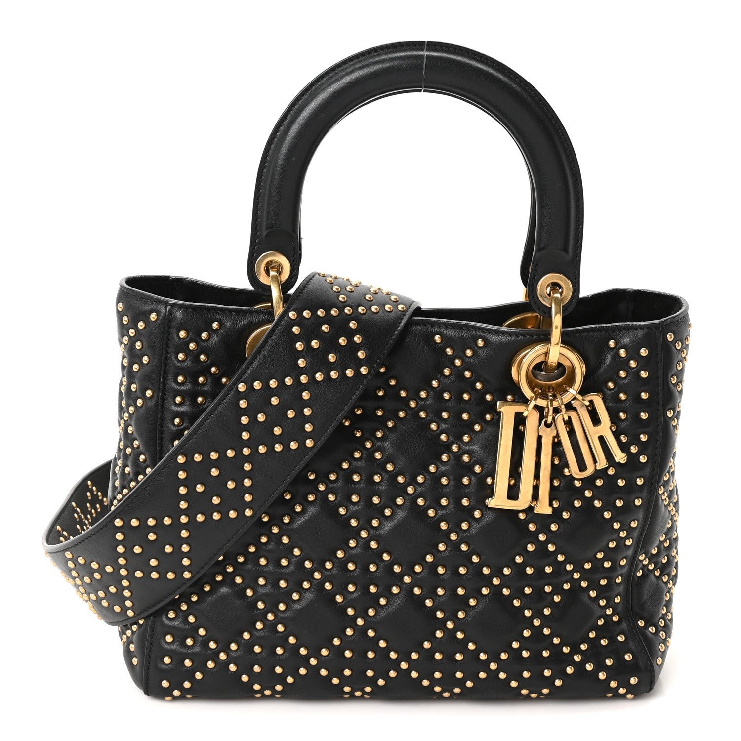 Dior Christian Dior Calfskin Cannage Studded Medium Supple Lady Dior Black