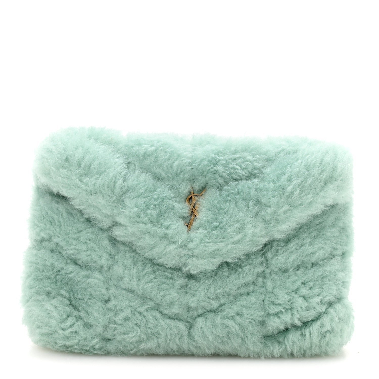 Saint Laurent Shearling Quilted Monogram Loulou Puffer Pouch Clutch Iced Mint