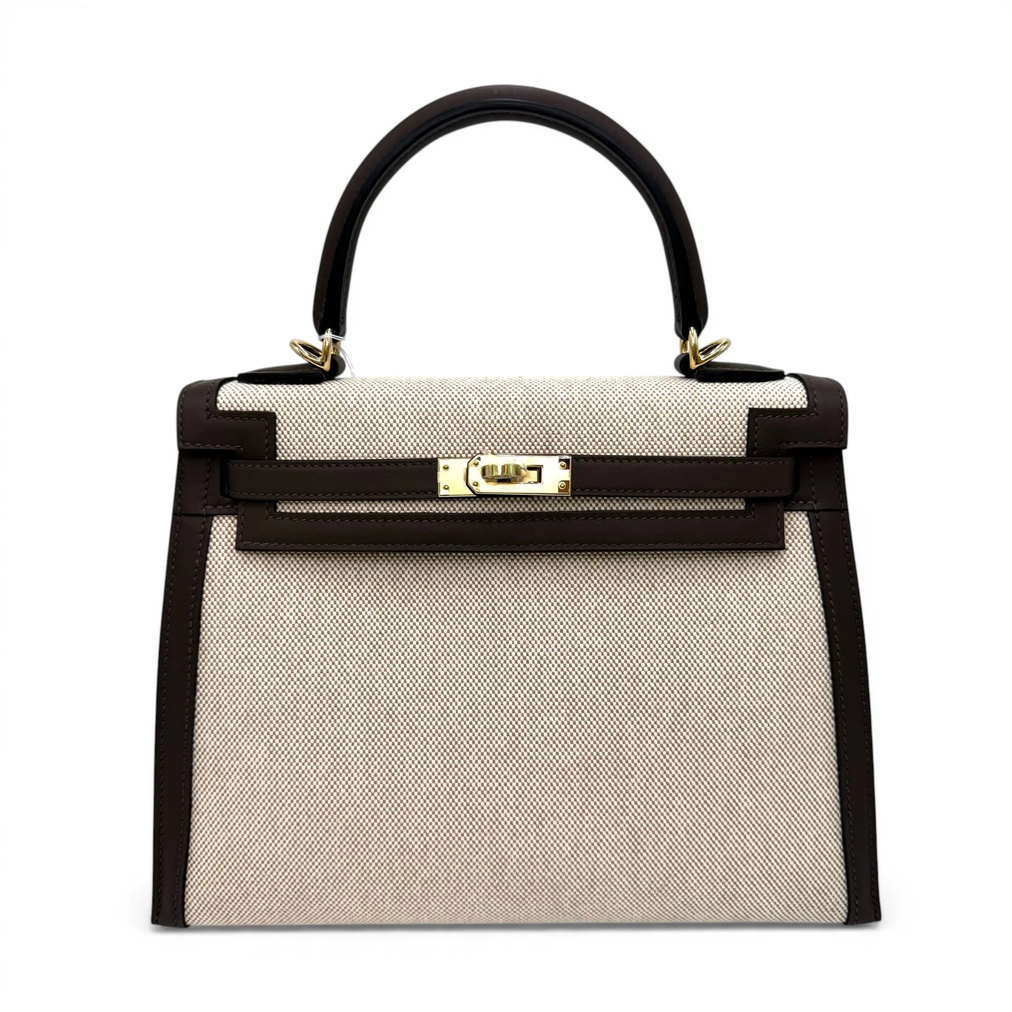 Brand New ( Rank N ) HERMÈS Kelly 25 Sellier Ecorce (4C) Beige Swift Toile H canvas Permabrass hardware K (2025)