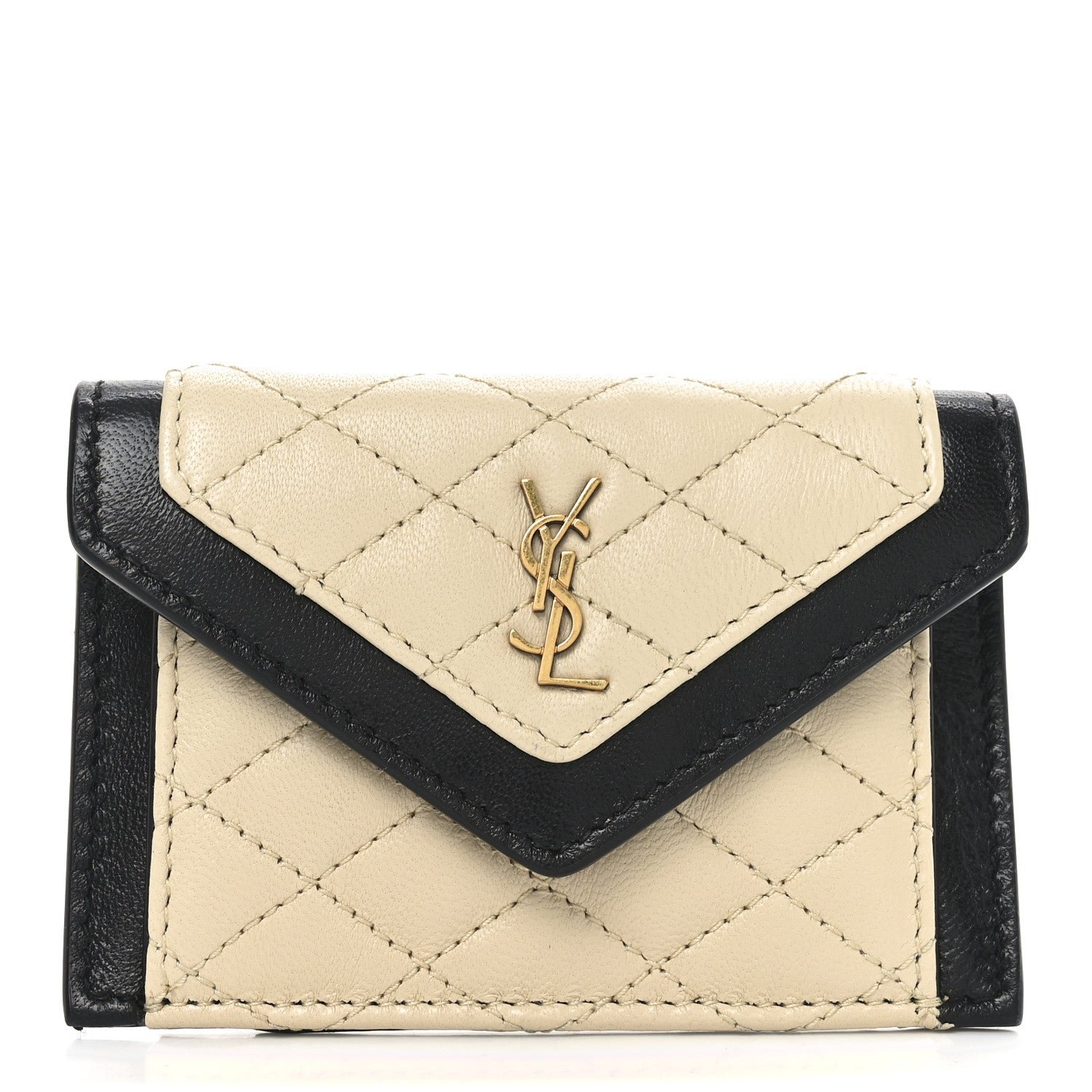 Saint Laurent Lambskin Quilted Monogram Gaby Small Envelope Card Case Black White