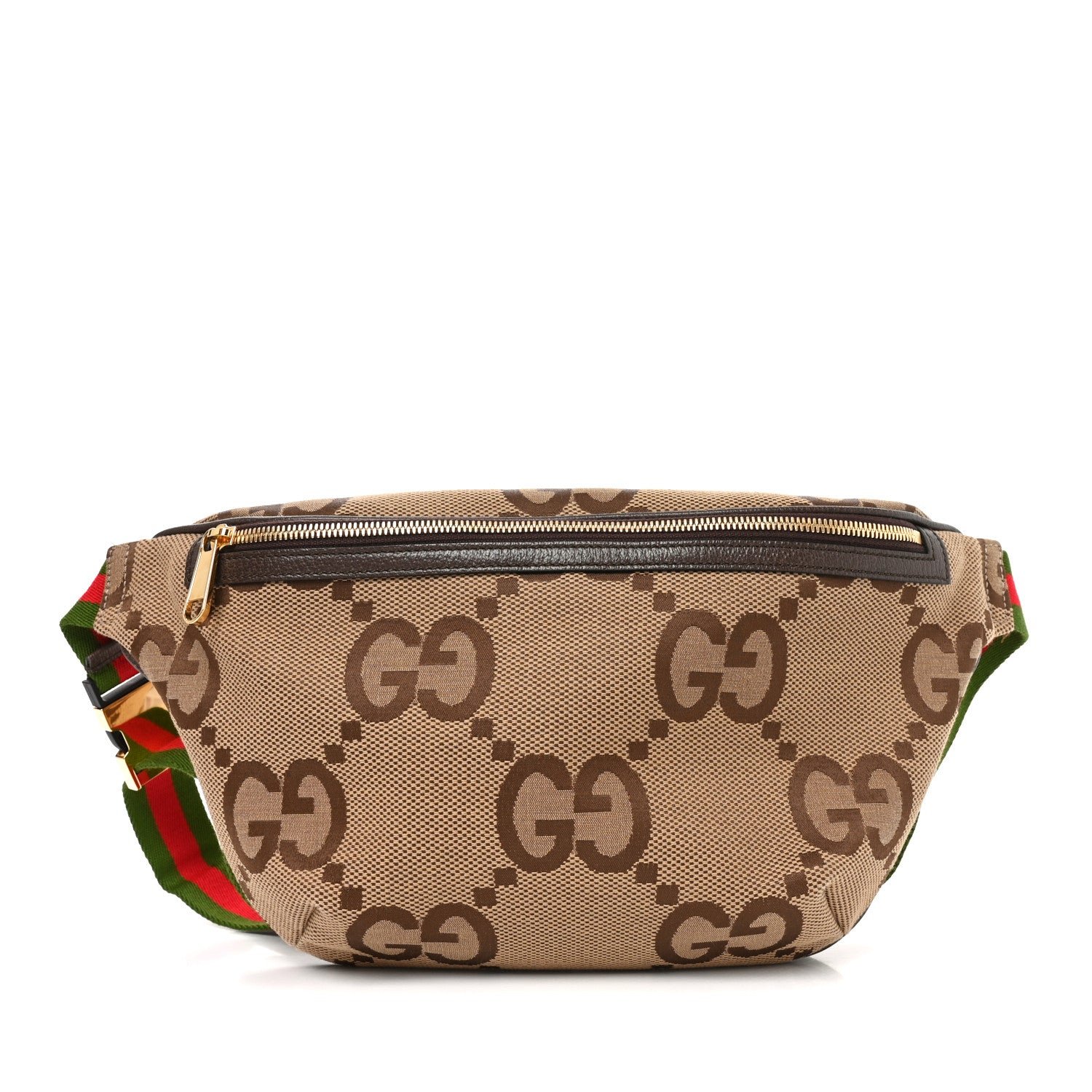 Gucci Monogram Jumbo GG Textured Dollar Calfskin Web Belt Bag Camel Ebony New Acero