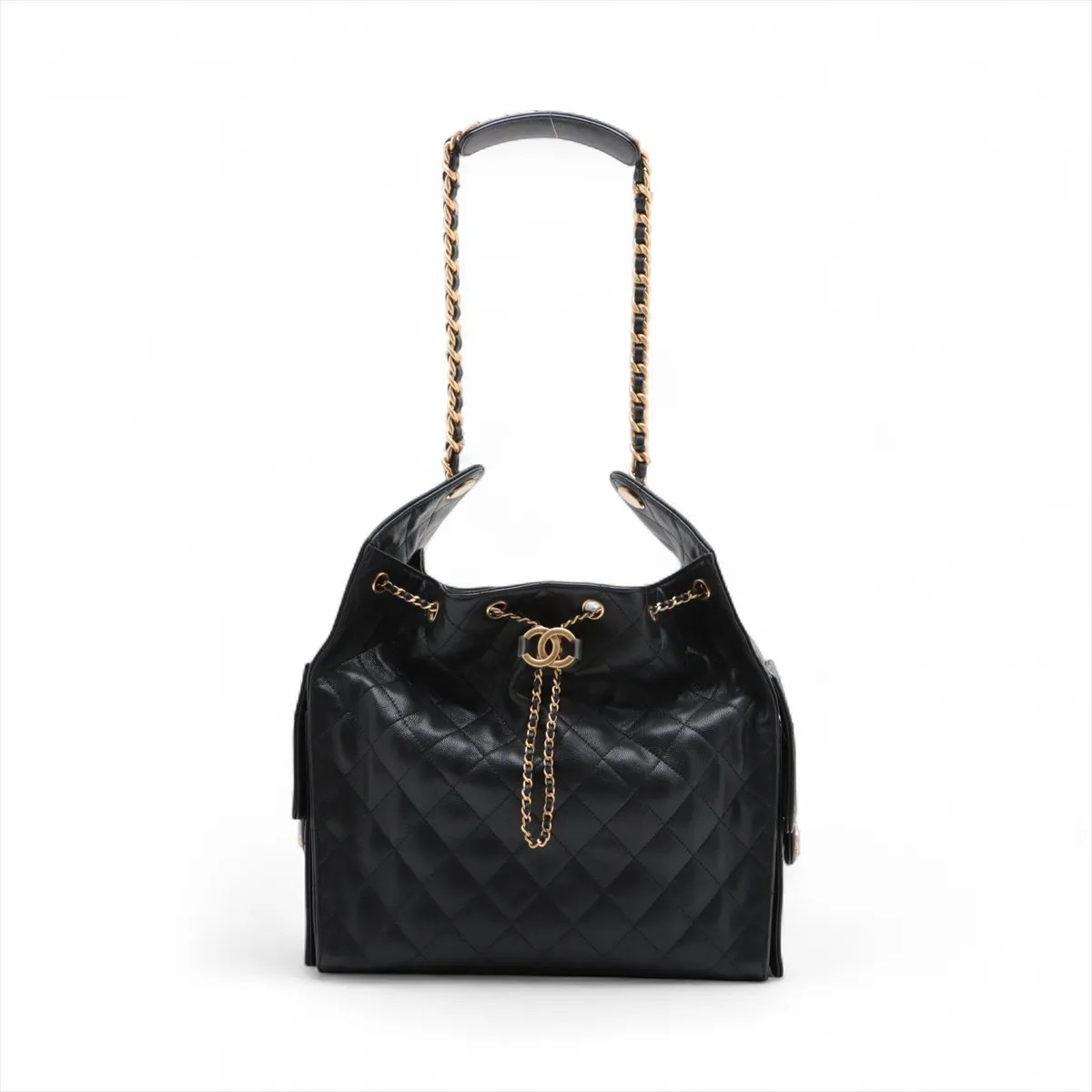 Chanel Chanel 25 Medium Caviar Skin Chain Shoulder Bag Black Gold Metal Fittings