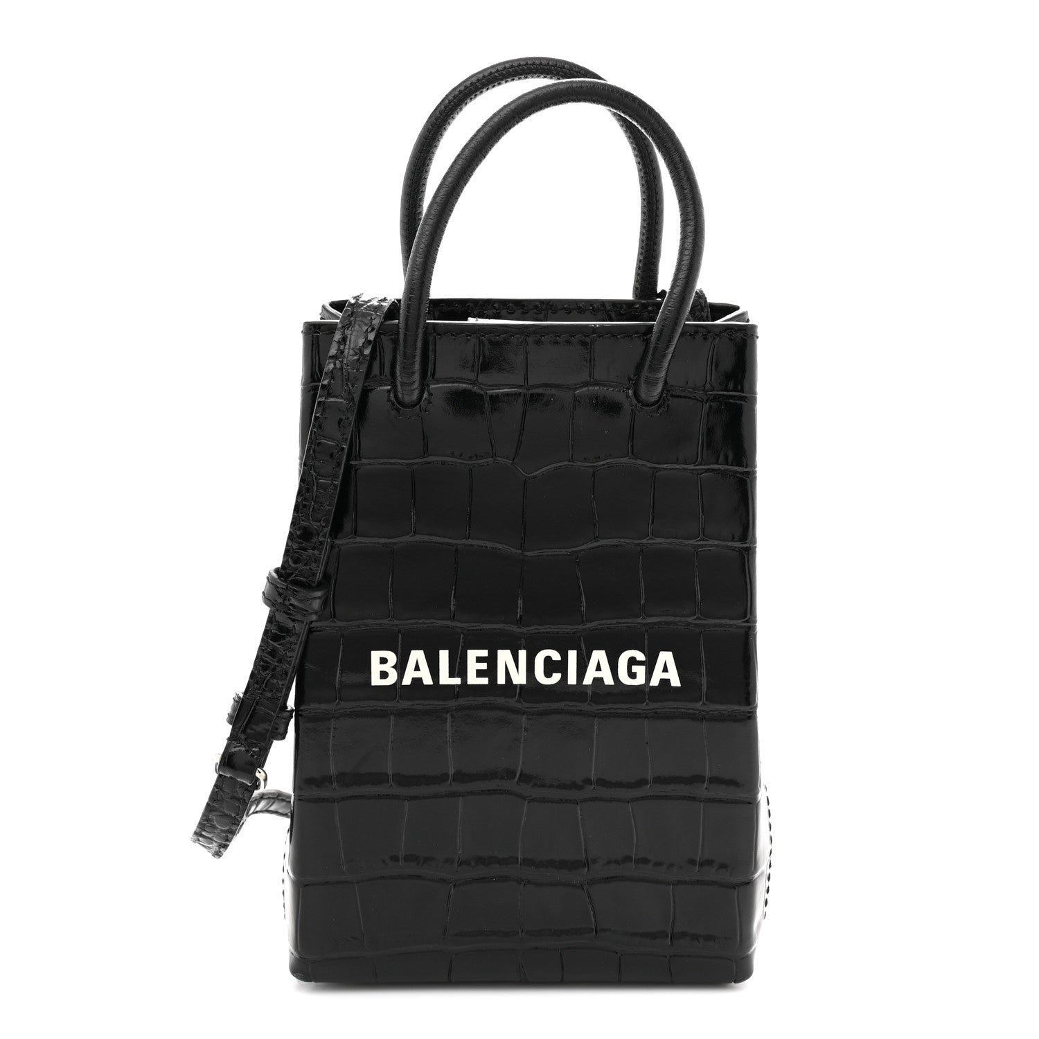 Balenciaga Calfskin Crocodile Embossed Logo Shopping Phone Holder Bag Black
