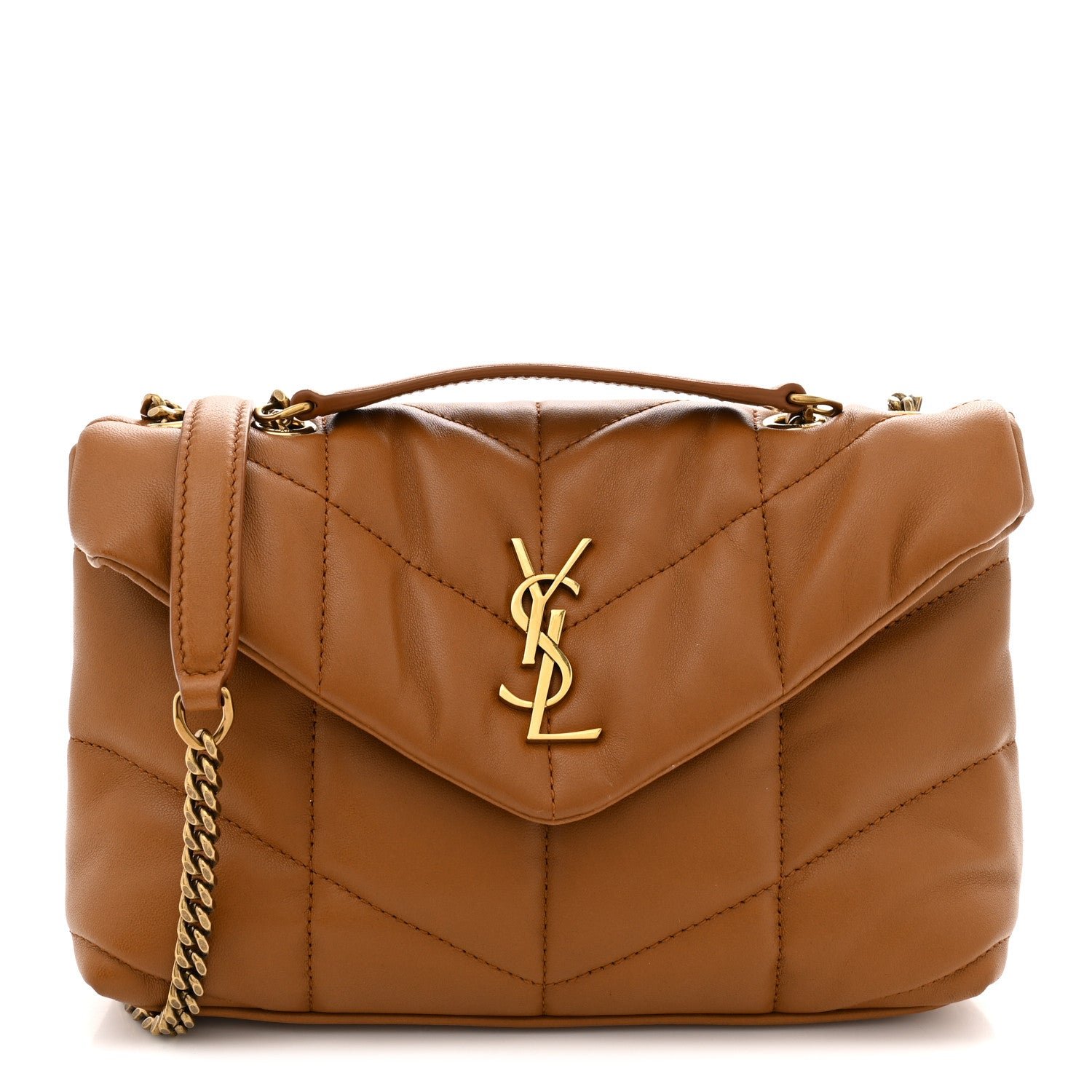 Saint Laurent Lambskin Quilted Toy Loulou Puffer Monogram Chain Satchel Miel Dark