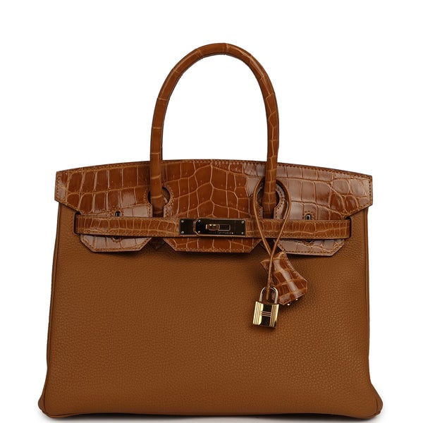 Pre-owned Hermes Birkin 30 Caramel Togo, Tabac Camel Shiny Niloticus Crocodile Touch Gold Hardware