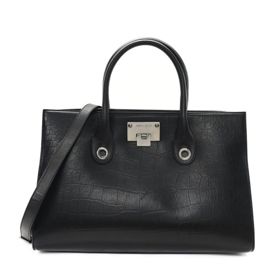 Jimmy Choo Crocodile Embossed Calfskin Riley Tote Black