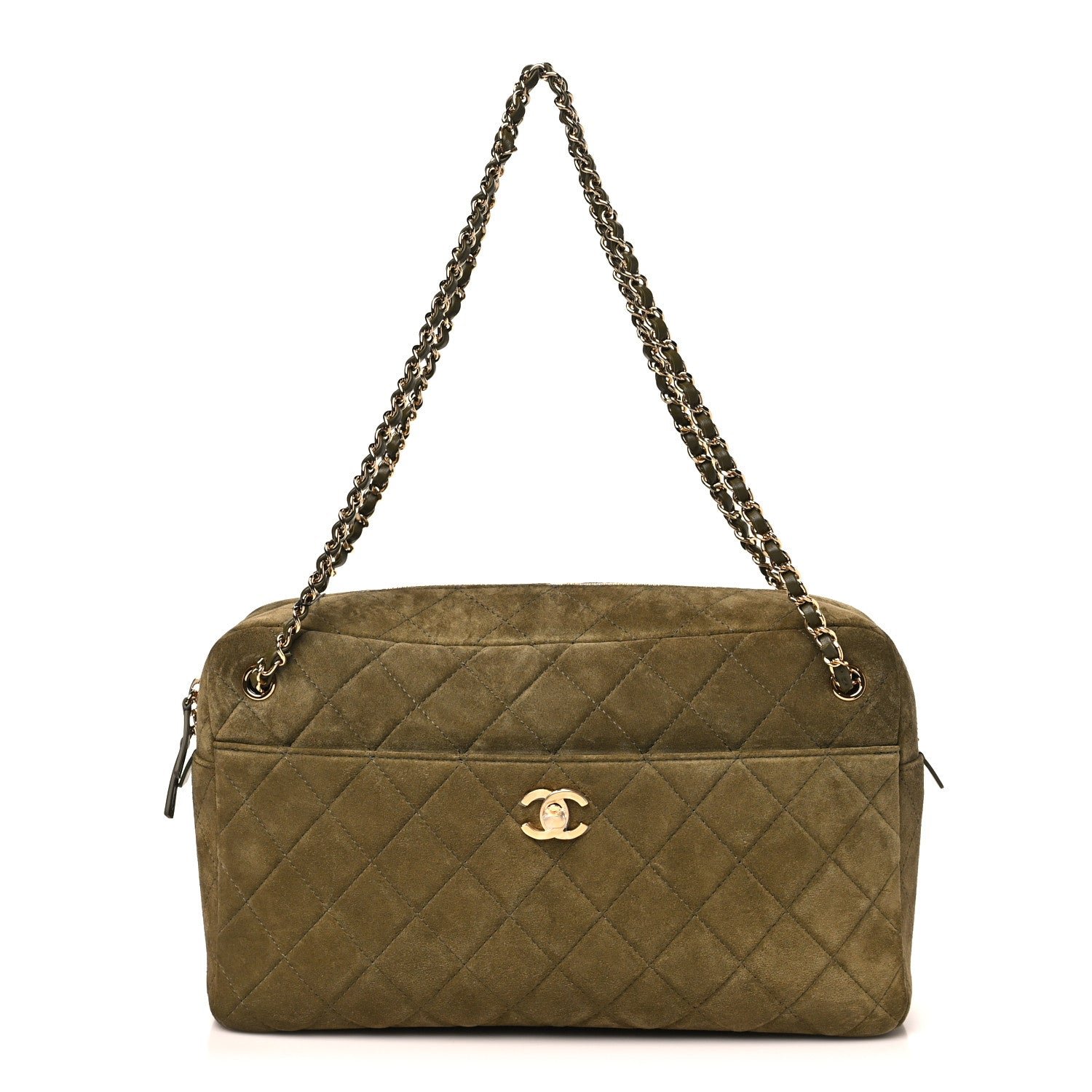 Chanel Suede Calfskin Quilted Camerissimo Camera Case Dark Khaki