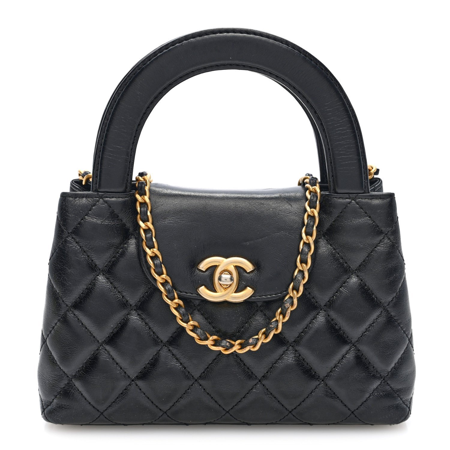 Chanel Shiny Aged Calfskin Quilted Mini Kelly Shopper Black