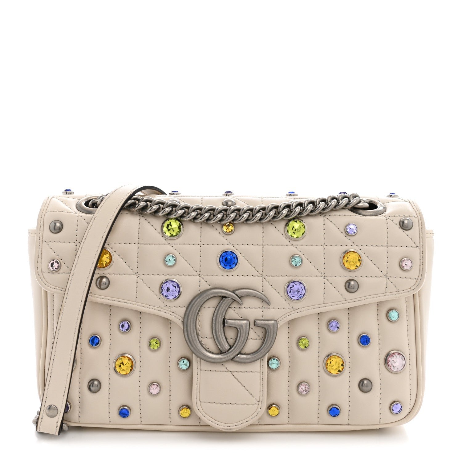 Gucci Calfskin Crystal Matelasse Aria Small GG Marmont Shoulder Bag Mystic White Multicolor