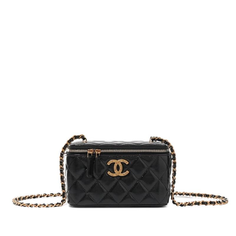 Chanel Black Quilted Lambskin Vanity Case Aged Gold Hardware