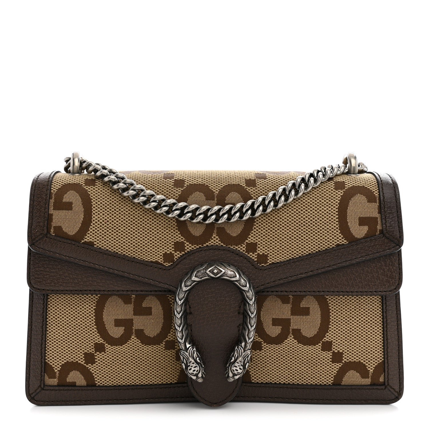 Gucci Monogram Jumbo GG Textured Dollar Calfskin Small Dionysus Shoulder Bag Camel Ebony New Acero