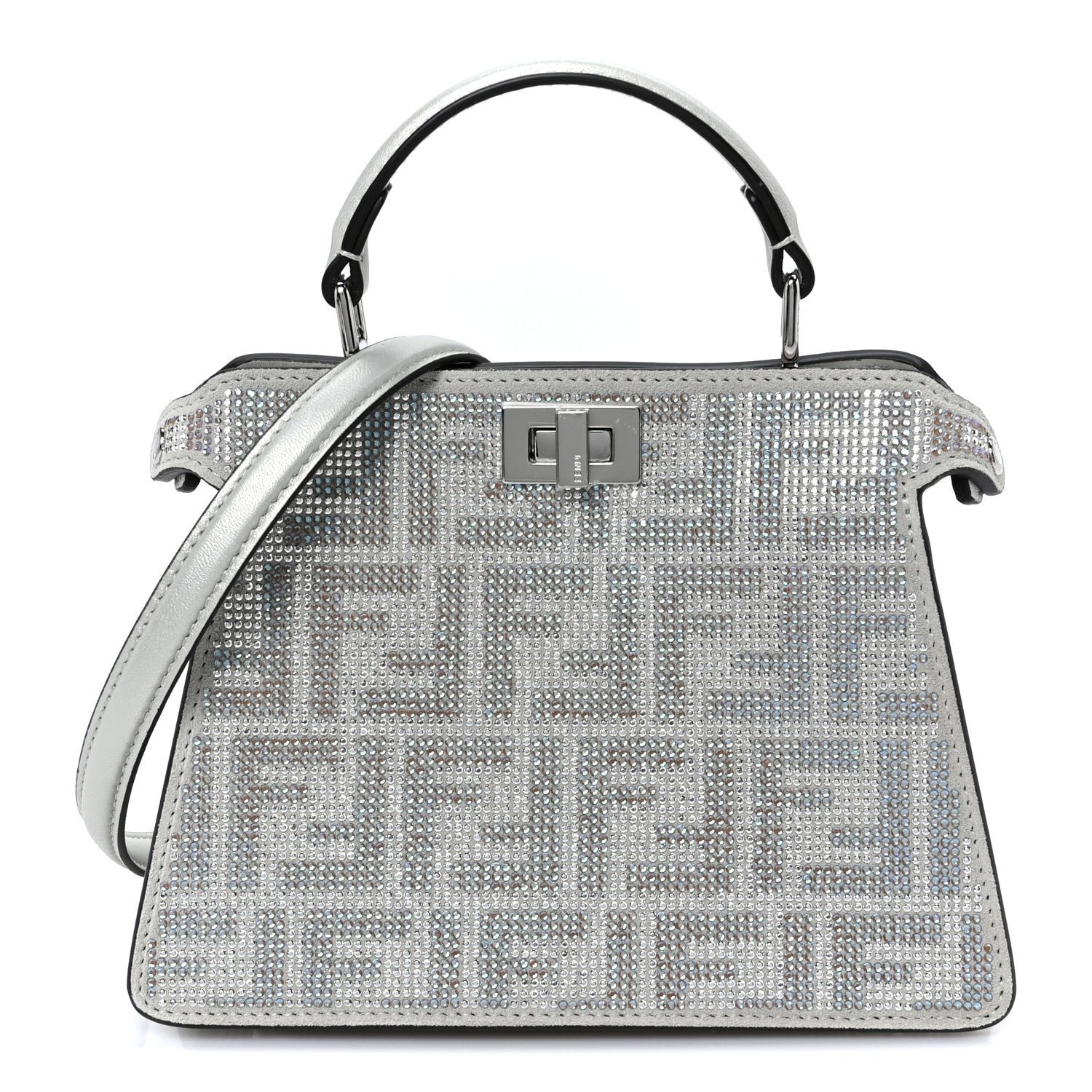 Fendi Iridescent Crystal Vitello Laminato Suede FF Petite Peekaboo I SEE U Satchel Cappuccino