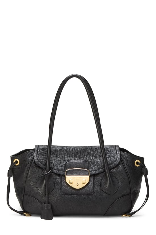 Black Vitello Daino Push Lock Shoulder Bag