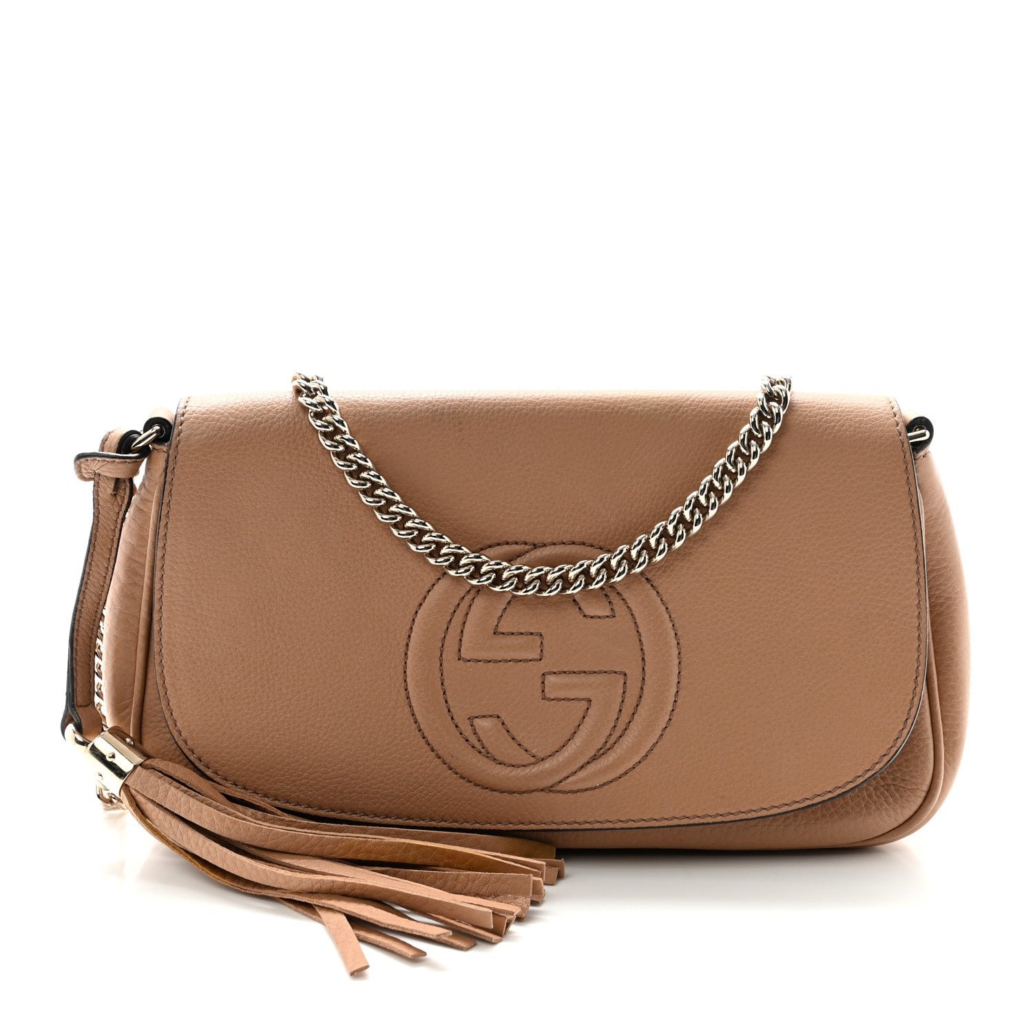 Gucci Pebbled Calfskin Medium Soho Flap Crossbody Camelia