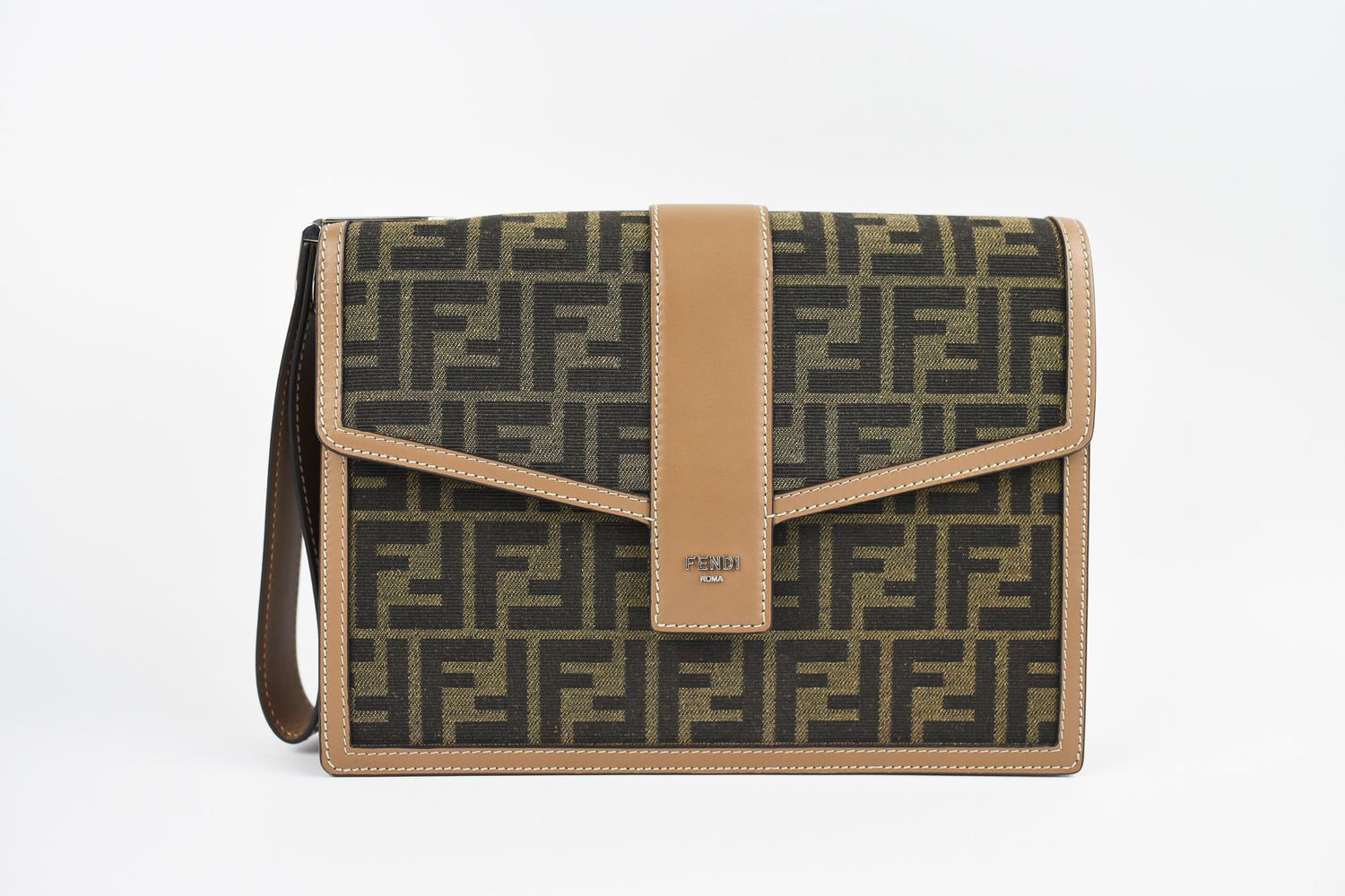 Fendi Fendi FF Flap Clutch with Strap, Brown Monogram, Preowned in Dustbag GA001