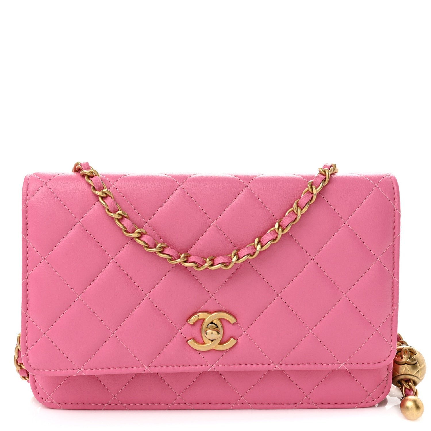 Chanel Lambskin Quilted CC Pearl Crush Wallet on Chain WOC Pink