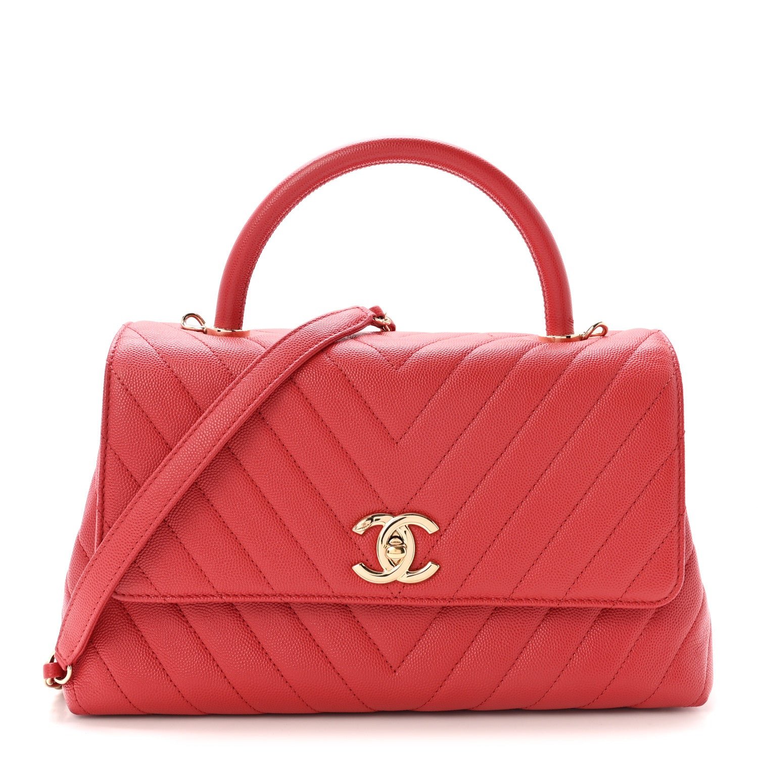 Chanel Caviar Chevron Quilted Small Coco Handle Flap Red