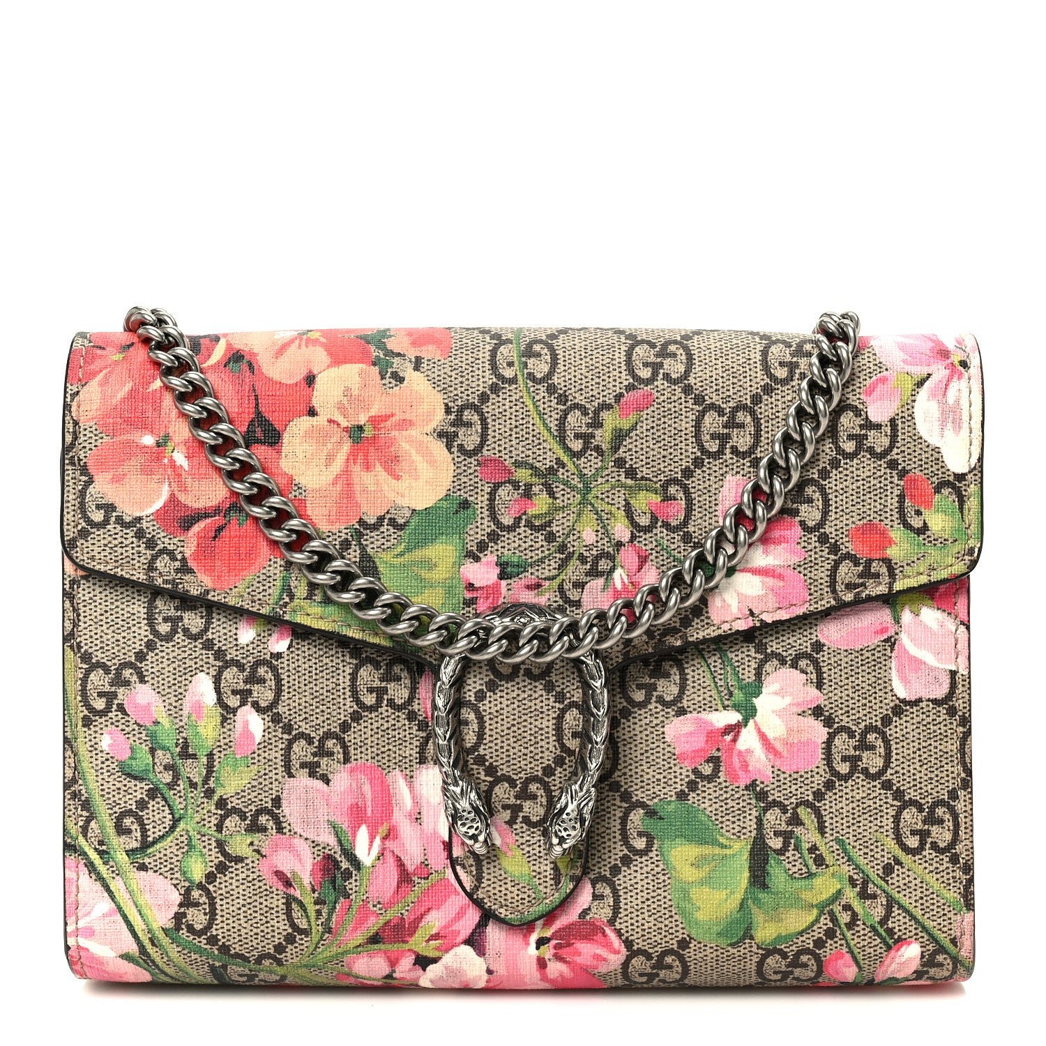 Gucci GG Supreme Monogram Blooms Mini Dionysus Chain Wallet Beige Multicolor Dry Rose